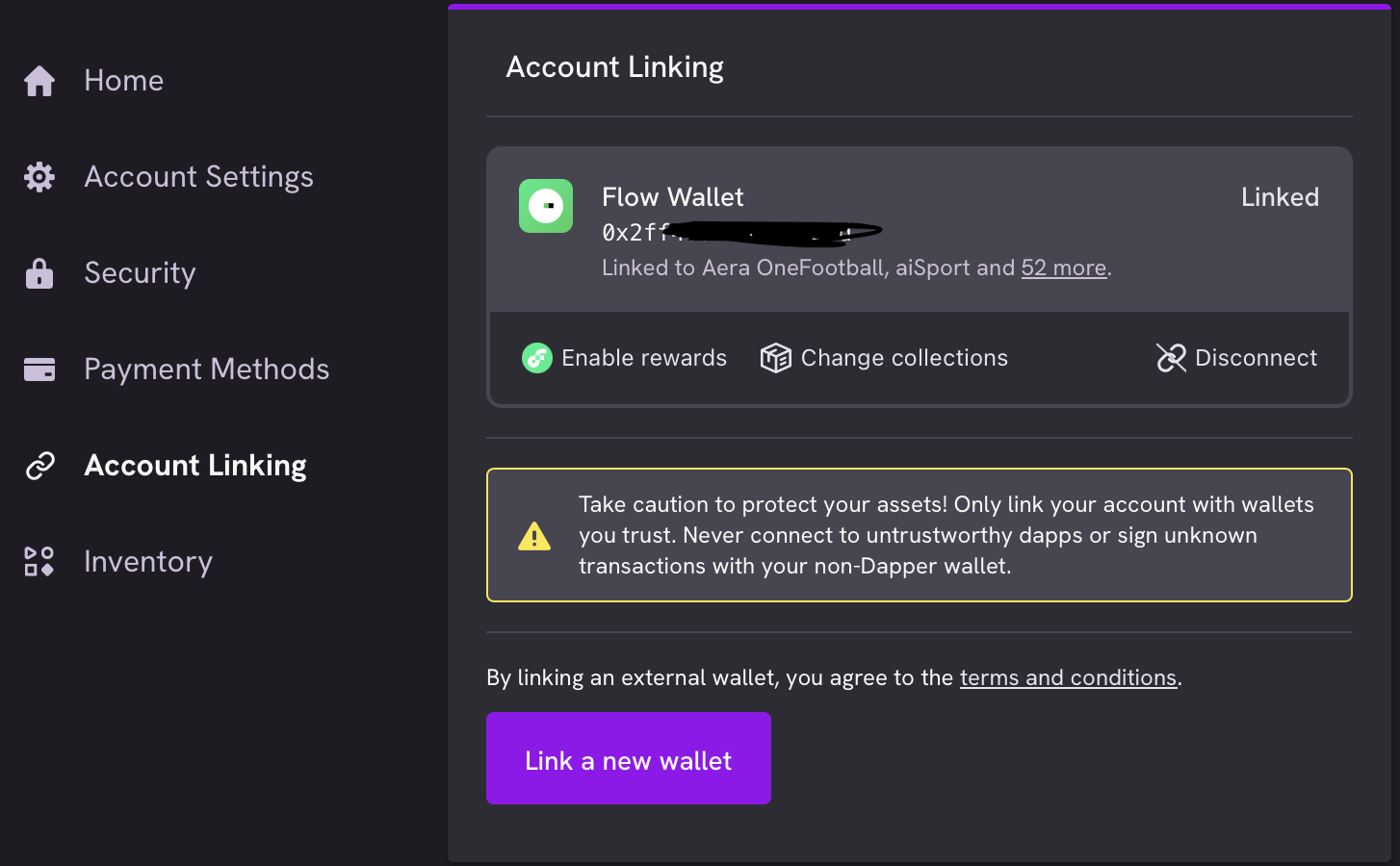 DapperWallet Account Linking screen showing a linked Flow Wallet
